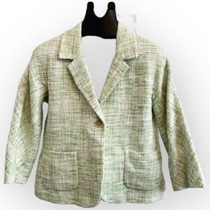 🍃 Talbots Green Tweed Jacket | Classic Bouclé Blazer | 3/4 Sleeves | Size 8
